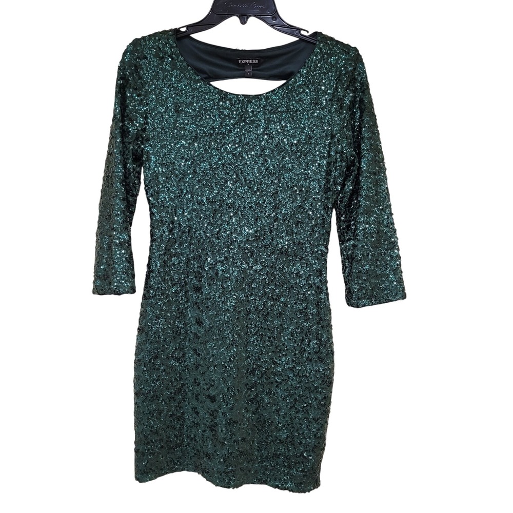 Express Emerald Green Sequin Party Dress Cut Out Back Sz 4 formal prom bodycon